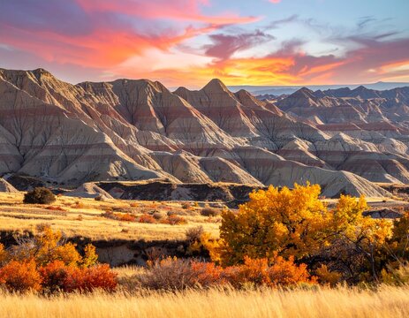 Paysage spectaculaire de badlands montrant des formations rocheuses &eacute;rod&eacute;es multicolores avec des strates naturelles saisissantes sous un ciel lumineux