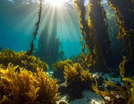 Rayons de soleil per&ccedil;ant &agrave; travers une luxuriante for&ecirc;t d'algues sous-marines dans des eaux cristallines, cr&eacute;ant une atmosph&egrave;re myst&eacute;rieuse et magique typique des fonds marins temp&eacute;r&eacute;s