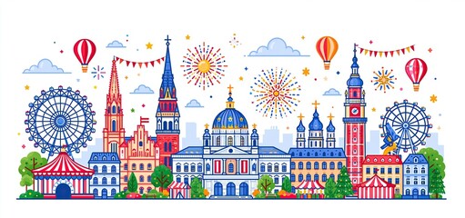Naklejka premium Brightly colored Austrian icons and cultural emblems highlighting National Day celebrations with a cheerful and festive vibe.