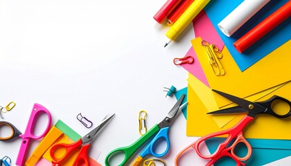 Fototapeta premium Top-down view of back to school craft supplies including safety scissors colorful construction paper and glue sticks on a white background