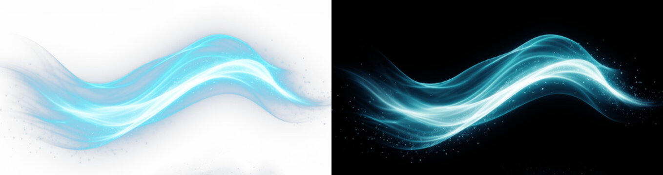 Abstract blue light wave with glowing particles and smooth motion flow, dynamic energy trail on white background for modern technology presentation, digital art, banner and UI design elements
