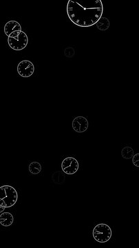 Multiple Clocks Moving Forward Isolated Alpha Channel Animation, Time Passing technology,science and history video streams, vertical social media overlay motion design element