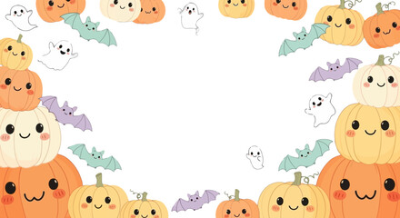 Obraz premium Cute Halloween frame with smiling pumpkins ghosts bats and candy vector illustration