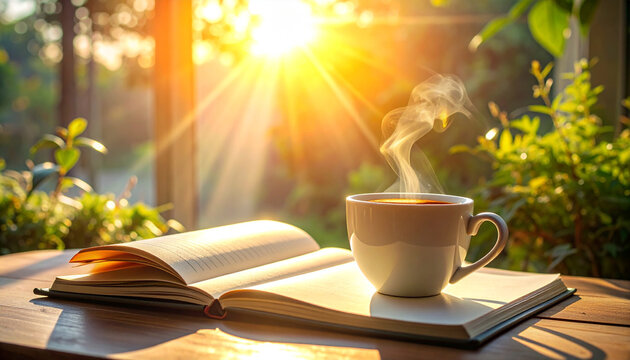 Coffee and Open Book in Sunny Garden