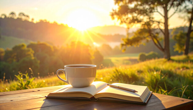 Coffee and Book Overlooking Mountain Landscape