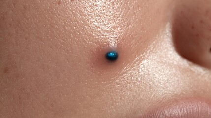 Fototapeta premium Human skin experiencing a dermatological issue, showing a pimple or bump with a blue dot for marking or targeting a specific area for treatment or analysis, highlighting a skin problem