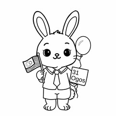 Cute Malaysian Bunny School Boy Coloring Page with Jalur Gemilang Flag for Merdeka 31 Ogos
