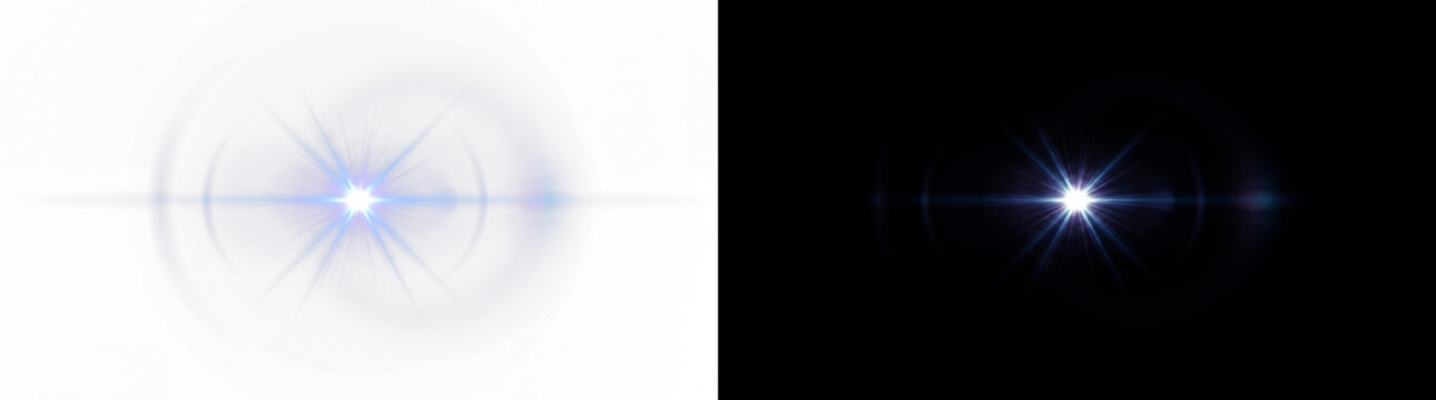 Anamorphic blue lens flare, bright optical light leak on black and white backgrounds, cinematic starburst effect