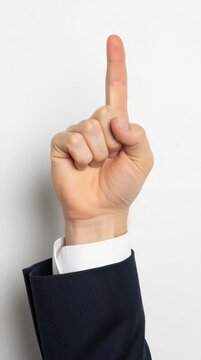 a professional businessman's hand wearing a dark navy suit and white shirt cuff against a seamless plain white background. The hand points its index finger upward