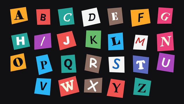Alphabet letters cut out from colorful paper squares, arranged in rows on a solid black background, ransom note style