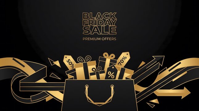 Black Friday Sale Premium Offers Shopping Bag with Gift Boxes and Arrows