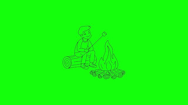 Animated Boy Roasting Marshmallow on Campfire While Sitting on Log on Vibrant Green Screen Background