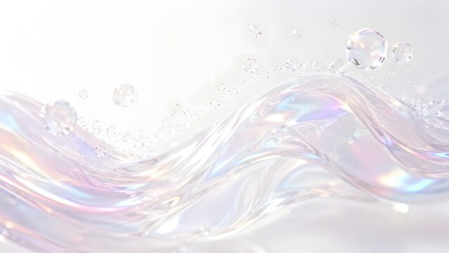 Pearlescent fluid waves with floating soap bubbles on white background for cosmetic mockup