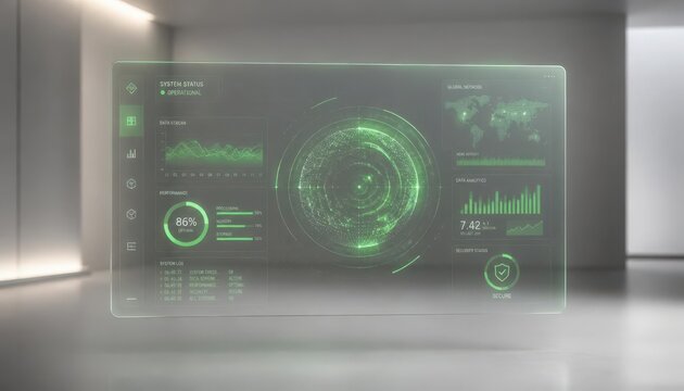 Holographic futuristic interface displaying advanced data analytics with glowing green charts and complex system status metrics