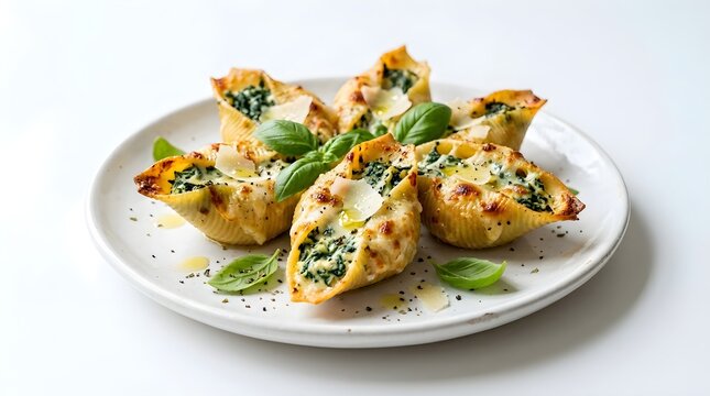 Jumbo pasta shells stuffed with creamy spinach and ricotta, baked with melted cheese and fresh basil.