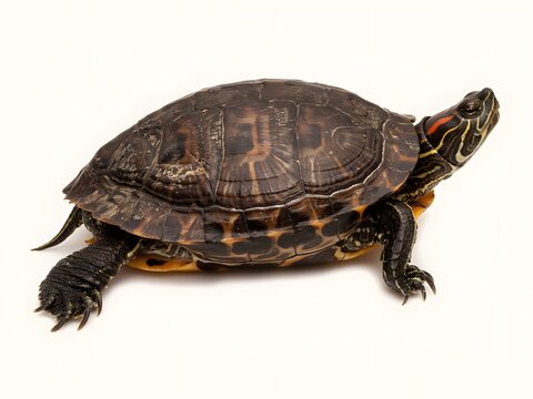 Close-up of a detailed freshwater turtle with textured shell and webbed feet on white background