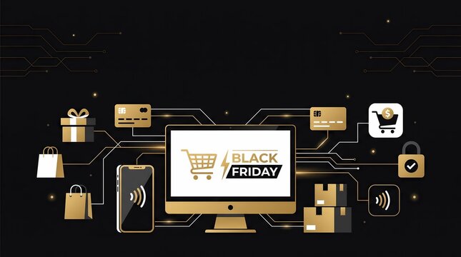 Futuristic E-commerce Sale Illustration Featuring Shopping Cart and Digital Tech Elements