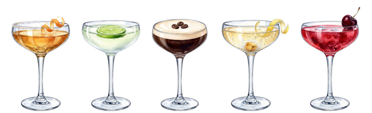 watercolor coupe glass cocktail set illustration with sidecar gimlet espresso martini champagne and cherry cocktail isolated on transparent background
