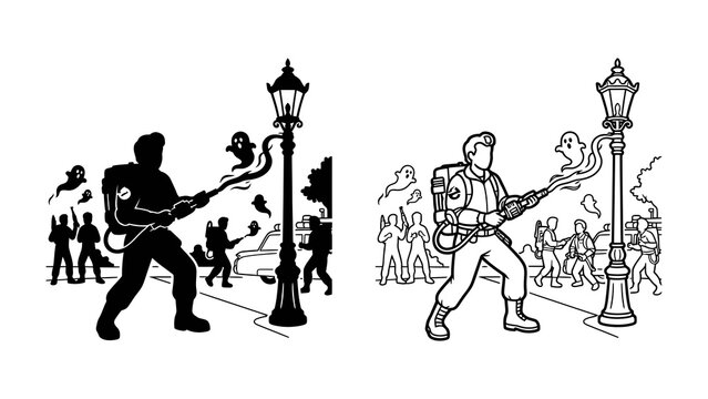 Ghostbusters Duo: A dynamic duo of ghost hunters, one in silhouette and the other in line art, bravely confront spectral beings in a town square.