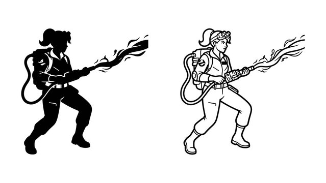 Ghostbuster Silhouette: A dynamic silhouette and outline illustration of a ghostbuster character, ready to unleash a blast of ectoplasmic energy from their proton pack and wand.