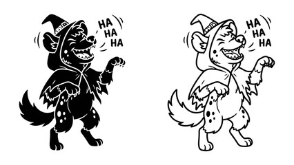 Fototapeta premium Laughing Hyena in Witch Hat: A humorous illustration of a hyena dressed as a witch, with its mouth wide open in laughter and the sound HA HA HA emanating from it.
