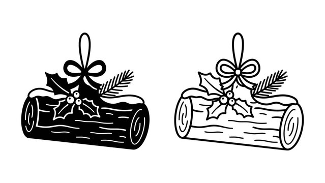 Christmas Yule Log Decoration: A festive black and white illustration depicts a Yule log ornament adorned with holly, berries, and pine sprigs, ready to bring holiday cheer.