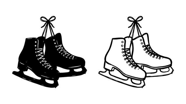 Pair of Ice Skates: A pair of black ice skates and a pair of white ice skates are shown, both hanging from a string tied in a bow.