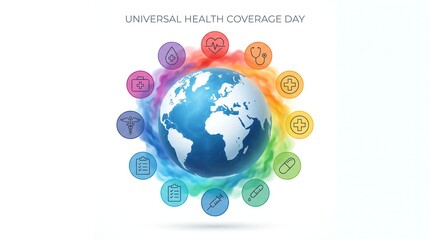 Obraz premium Universal health coverage day globe with medical icons