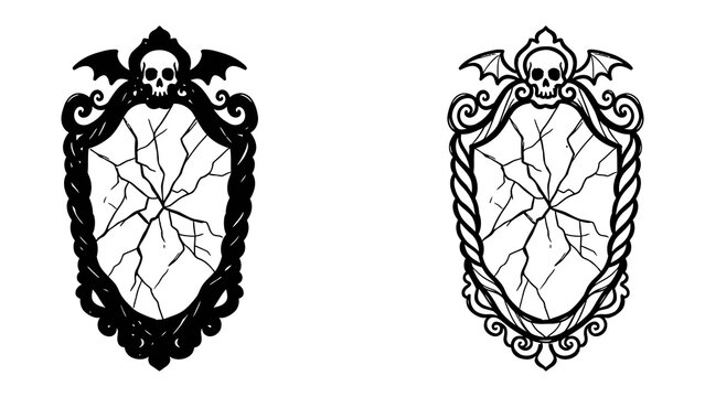 Gothic Mirror with Skull and Bat Embellishments: A highly ornate, gothic-style mirror features a cracked surface, framed by a decorative border with a skull and bat motifs.