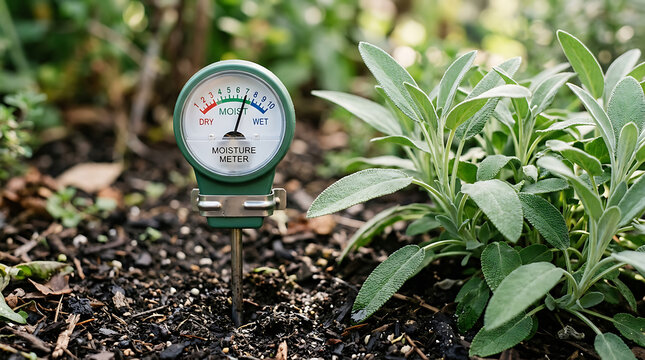 Analog soil moisture meter inserted in earth by a drought tolerant sage