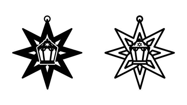 Ramadan Lantern Star Icon Set: A graphic representation of two Islamic star lantern icons, one in solid black and the other in outline, symbolizing faith and cultural heritage.