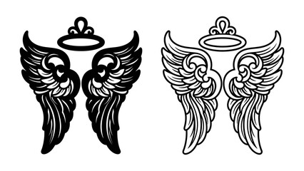 Fototapeta premium Angelic Wings Icon Set: A stylized depiction of angelic wings, presented in both a bold black silhouette and an intricate line art design, each crowned with a delicate halo.