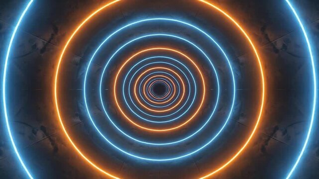 Orange and blue neon circles tunnel motion background with concrete texture