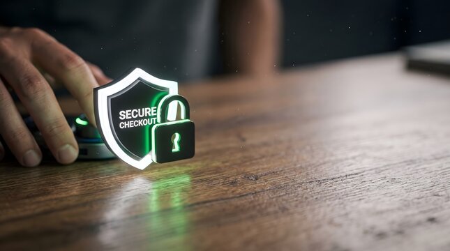 Glowing 3D shield and padlock icon with secure checkout text on wooden desk. Perfect for e-commerce security online payment protection digital privacy and cyber security concepts.