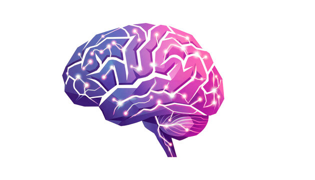 Glowing digital human brain with neural network connections, purple and pink artificial intelligence brain, futuristic cybernetic mind concept