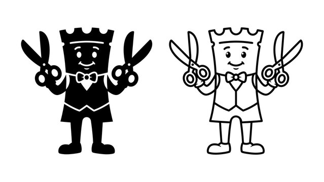 King of Scissors: A cartoon king, adorned in a crown, vest, and bow tie, stands confidently holding a pair of scissors in each hand. A silhouette version of the same king is shown beside it.