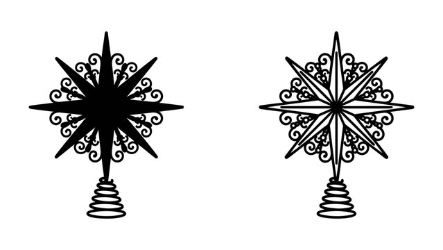 Ornate Starburst Decoration: A decorative starburst motif, presented in both solid black and intricate outline, features spiraling flourishes and a stepped base.