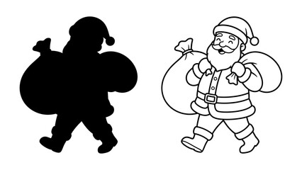 Naklejka premium Santa Claus with Gift Bag Silhouette and Outline: A cheerful Santa Claus illustration is presented in two forms: a solid black silhouette and a detailed line drawing.