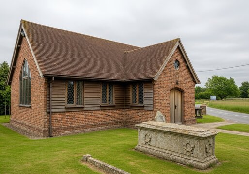 Small Brick Village Church with Stone Tomb in Foreground.