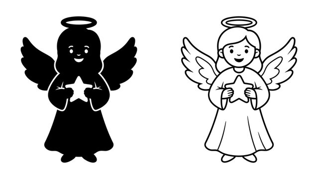 Angel Icon Set: A charming illustration set featuring two angelic figures, one in silhouette and the other in outline, both holding a radiant star, representing purity and divine light.