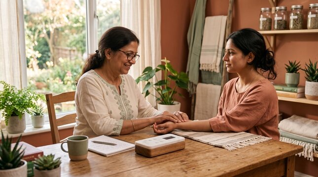 Caring mother and daughter sharing a tender moment, a comforting hand-holding gesture, intergenerational bond, family support, and emotional connection at home.