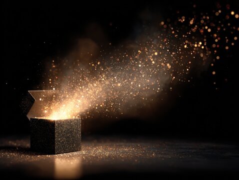 Magic open box emitting golden glittering particles in dark setting