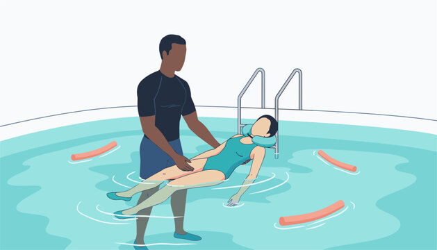 Woman receiving aquatic hydrotherapy bodywork from male instructor in a pool