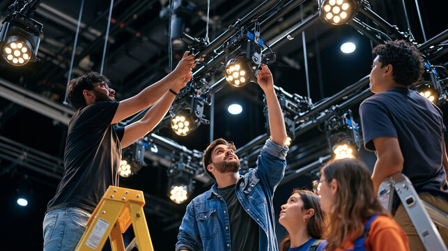 Stage lighting team in a minimalist black box studio adjusts a grid of programmable fixtures during a technical rehearsal, crew of varied backgrounds working in concert, ladders and gobos creating a