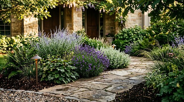 Flagstone garden path leading through purple lavender to a stone home