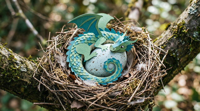 Paper craft green dragon model sits wrapped around a spotted egg in a natural bird nest nestled among tree branches.