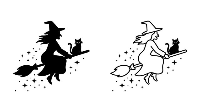 Witch and Cat Silhouette Flying: A whimsical silhouette illustration depicts a witch on a broomstick with her feline companion, soaring through a starry night sky, embodying the spirit of Halloween.