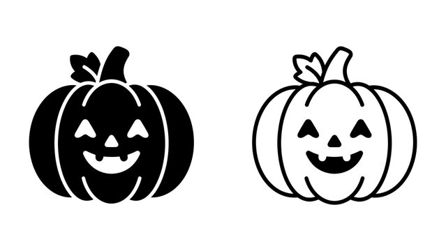 Halloween Pumpkin Icons: Two stylized pumpkin faces, one solid black and one outlined, grin with carved eyes and mouth, representing a classic symbol of the autumn holiday.