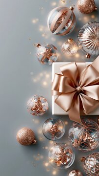 Elegant rose gold Christmas ornaments and a gift box with a large bow on a soft grey sparkling background.