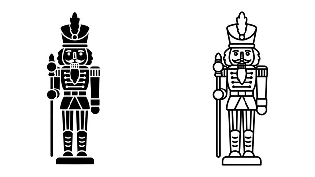 Nutcracker Soldiers: A pair of iconic nutcracker soldiers, one in a stark black silhouette and the other in a clean outline, stand ready with their staffs, embodying a classic festive spirit.